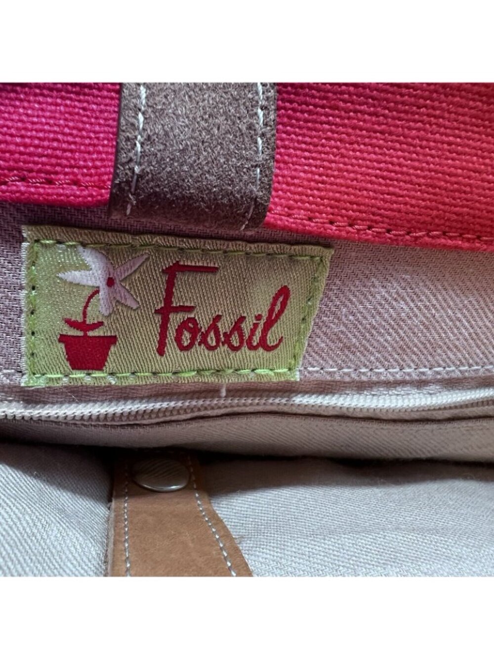 Fossil Orange Coated Canvas Purse Hand Bag Leather Handles Front Zip Pocket Tote - Picture 2 of 13